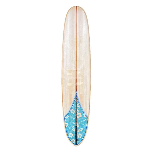 ハイビスカス柄のテールパッチが映える木製ロングボードサーフボード。ナチュラルな木目とブルーのアクセントが爽やかな印象。ロングボード サーフボード 木製 お洒落 フラワーデザイン 海好き。