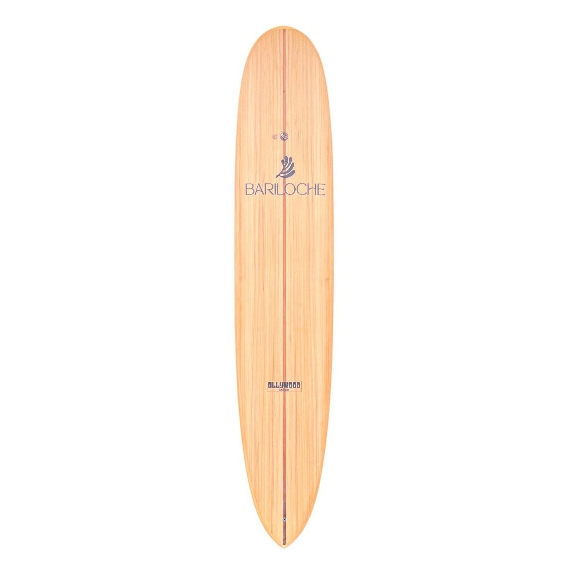 バリローチェのロゴが映えるナチュラルウッド仕上げの木製ロングボードサーフボード。無駄のないシンプルな美しさが際立つ、お洒落で上質な一本。ロングボード サーフボード 木製 ナチュラル お洒落