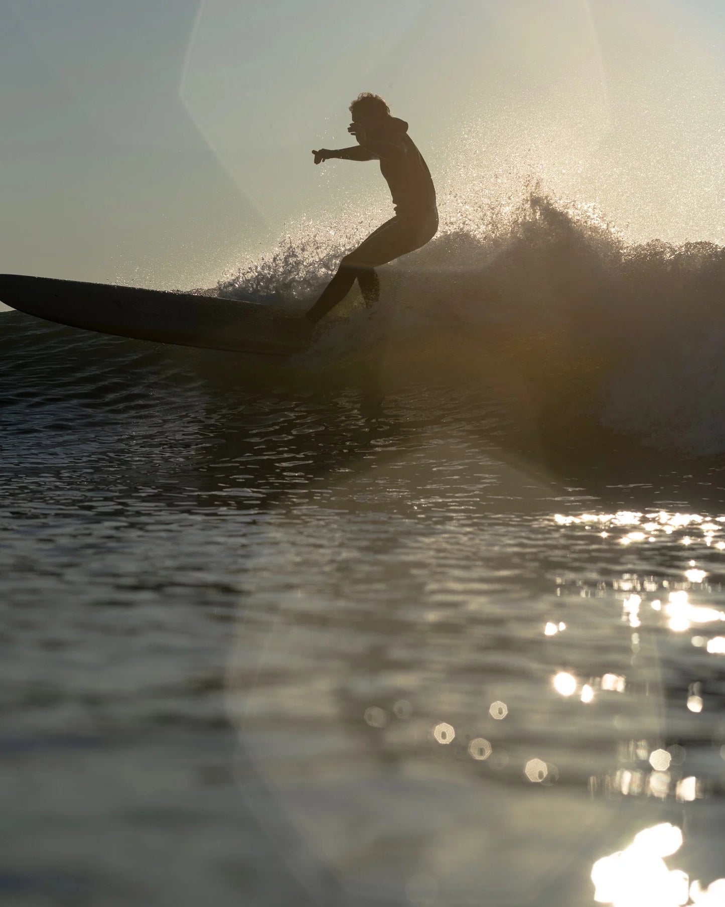 逆光の中でターンを決める9'4" Waterlog GreenRail。シルエットと水しぶきが描く、クラフト×スタイルの瞬間。