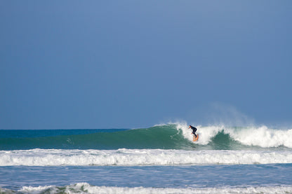 抜けるような青空と、エメラルドグリーンの波のフェイスを滑り降りるサーファー。広大な海の青さと、中空構造（ホロー）の木製サーフボード（天然木）のアンバー色のコントラストが鮮やかな、洗練されたエコラグジュアリーなライディングショット。