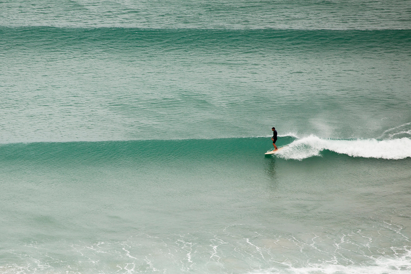 広大な緑の海原を背に、中空構造（ホロー）の木製サーフボード（天然木）で描く長いライン。整然としたうねりの列と調和する優雅なライディング、洗練されたエコラグジュアリーな絶景。